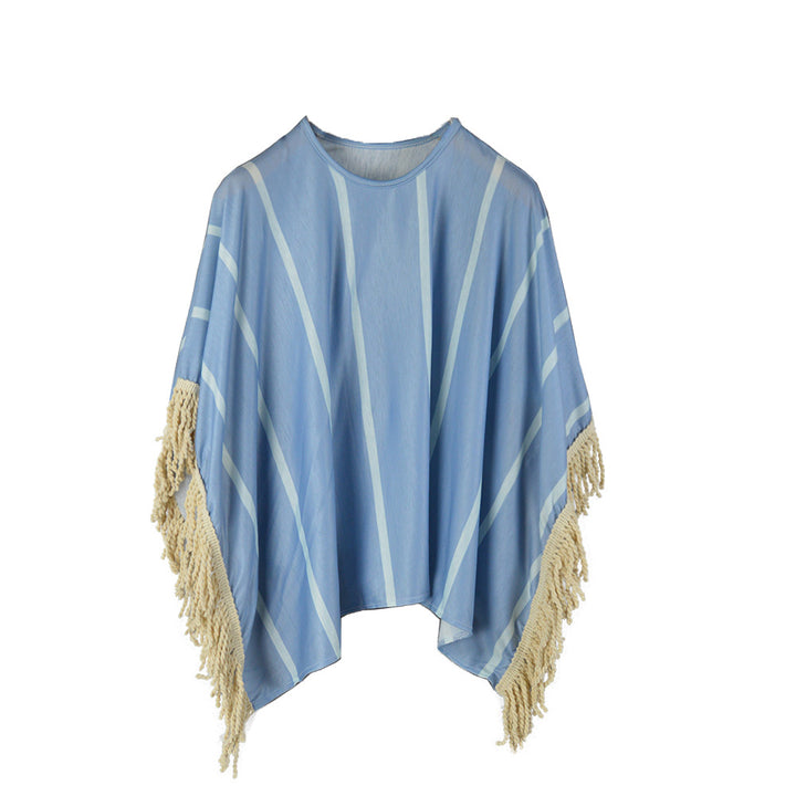 Damen Strandponcho mit fransigem Saum und gestreiftem Design Drune
