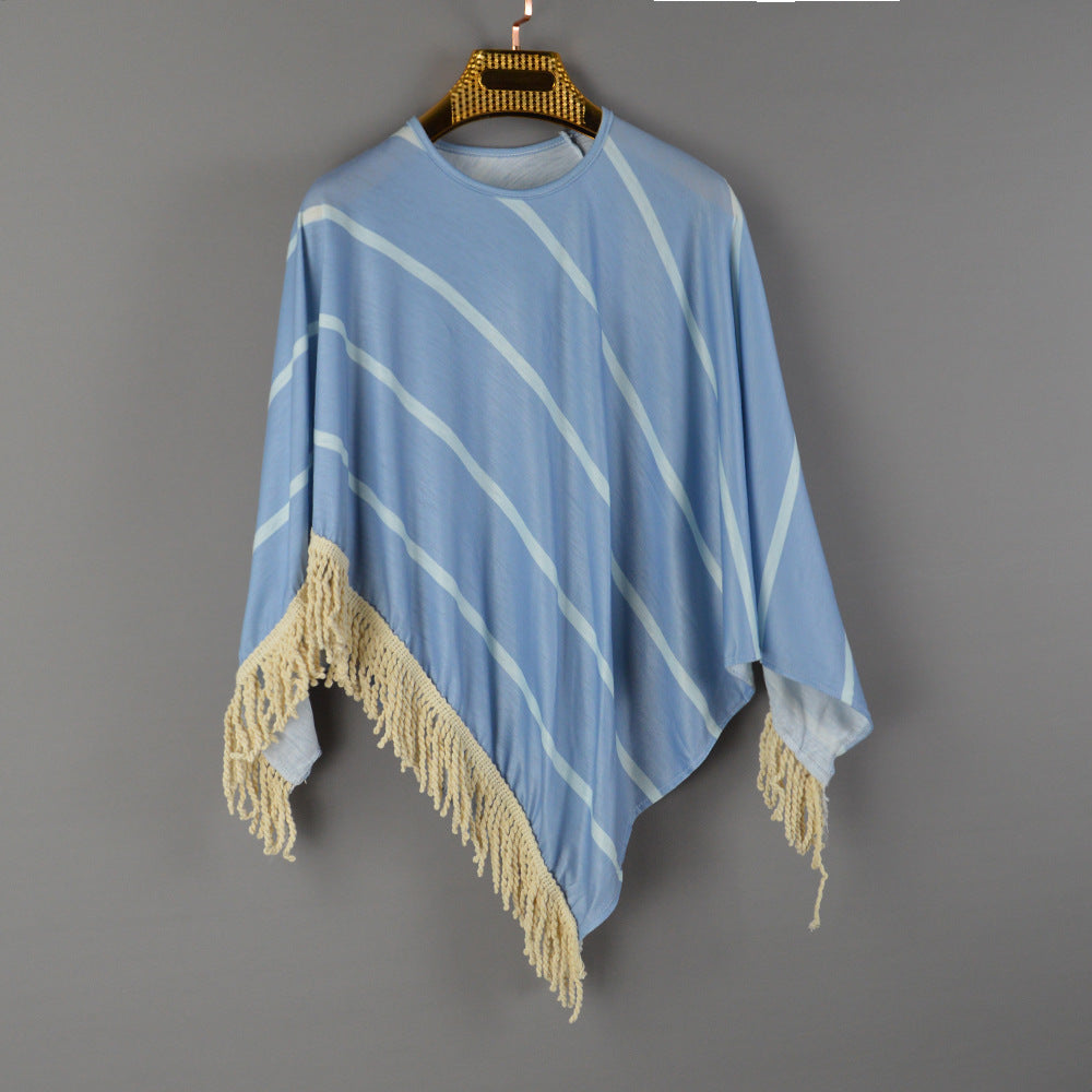 Damen Strandponcho mit fransigem Saum und gestreiftem Design Drune