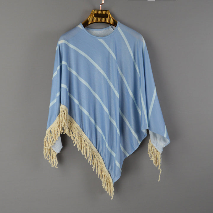Damen Strandponcho mit fransigem Saum und gestreiftem Design Drune