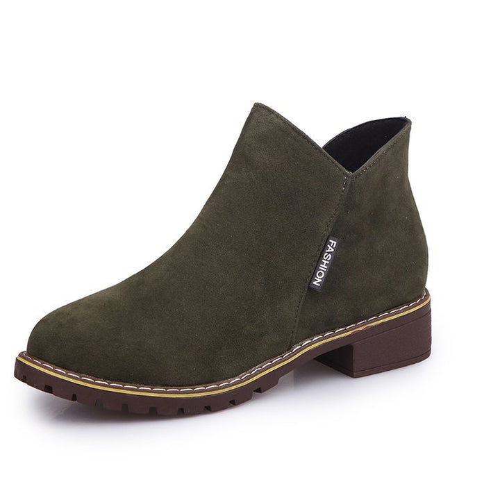 Damen nan knöchelhohe Velourslederimitat-Stiefelette mit robuster Traktorsohle und Komfortabsatz Drune