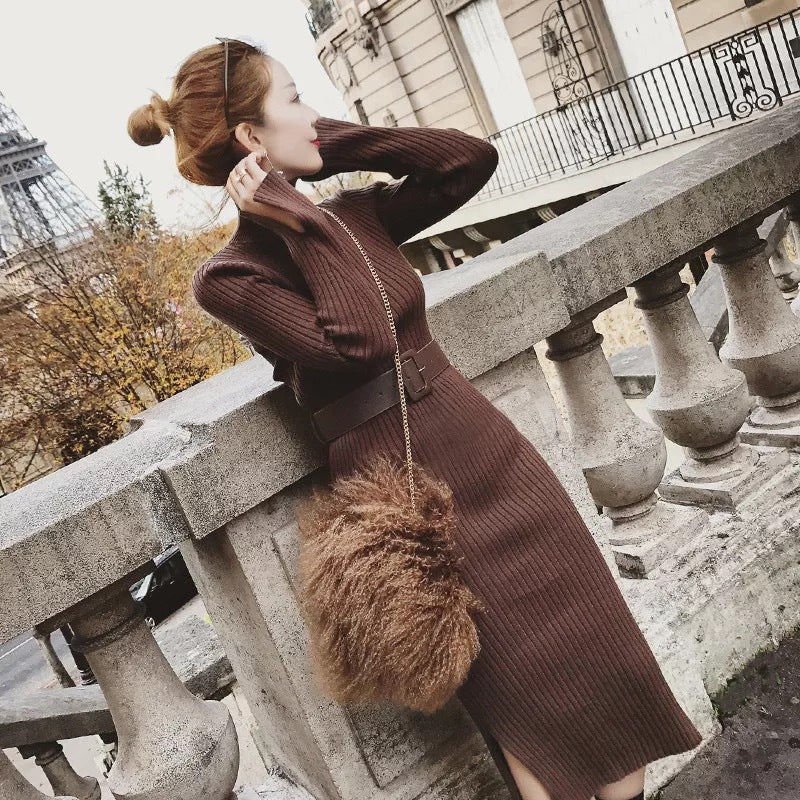 Damen Strickkleid mit Gürtel und hohem Kragen Drune
