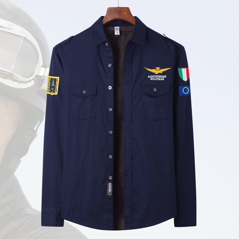 Herren  besticktes Pilotjacke Button-Up Patch-Überhemd mit Klappbrusttaschen Drune