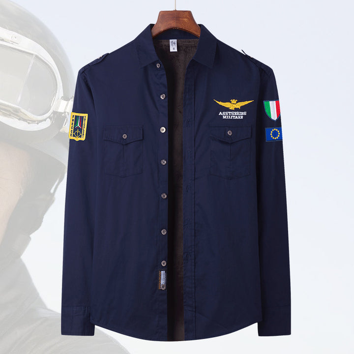 Herren  besticktes Pilotjacke Button-Up Patch-Überhemd mit Klappbrusttaschen Drune