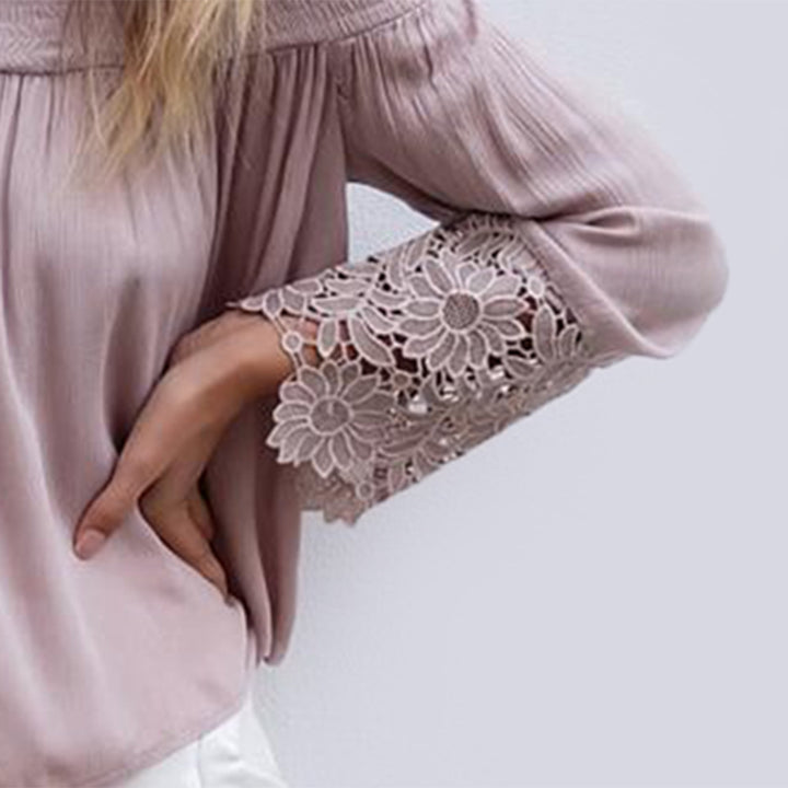 Damen Schulterfreies Boho-Blusentop mit Smokkragen & floralen Spitzen-Bellärmeln Drune