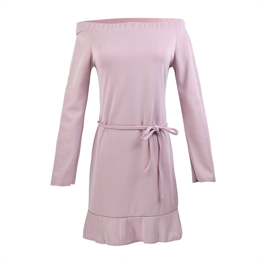 Damen Schulterfreies Strickkleid mit ausgestellten Ärmeln, Taillengürtel & Volant-Saum Drune