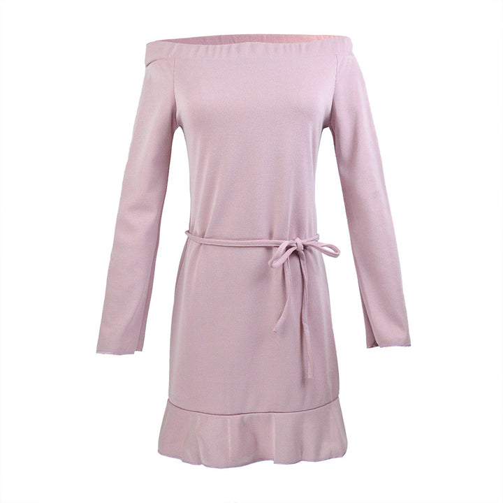 Damen Schulterfreies Strickkleid mit ausgestellten Ärmeln, Taillengürtel & Volant-Saum Drune
