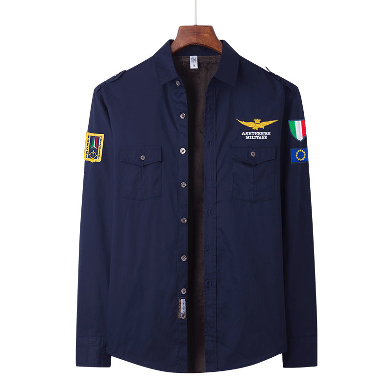 Herren  besticktes Pilotjacke Button-Up Patch-Überhemd mit Klappbrusttaschen Drune