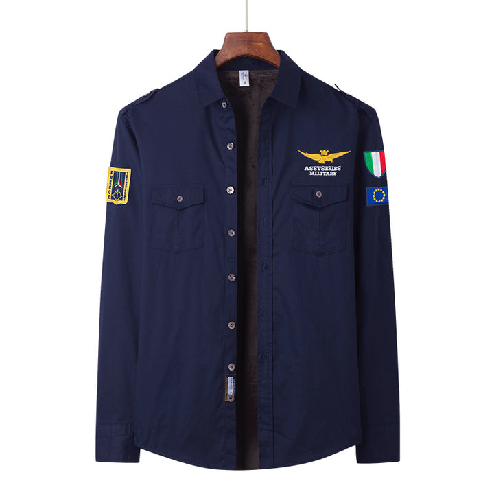Herren  besticktes Pilotjacke Button-Up Patch-Überhemd mit Klappbrusttaschen Drune