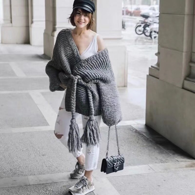 Damen Grobstrick-Cardigan mit geflochtenem Gürtel und langen Ärmeln Drune