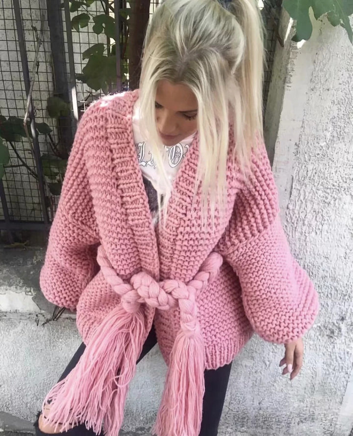 Damen Grobstrick-Cardigan mit geflochtenem Gürtel und langen Ärmeln Drune