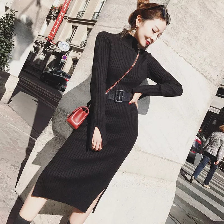 Damen Strickkleid mit Gürtel und hohem Kragen Drune