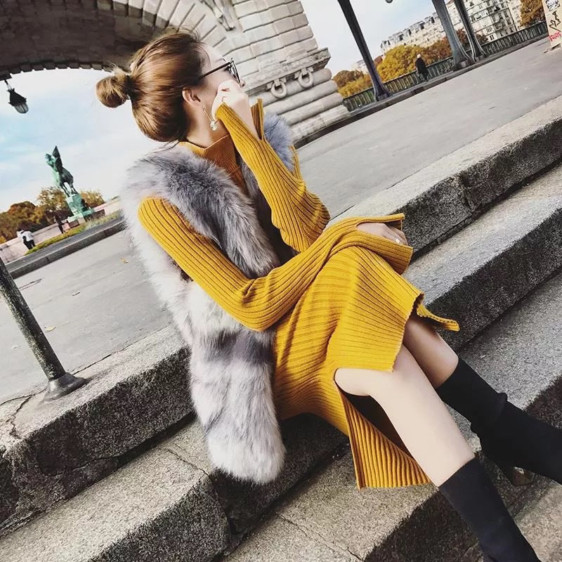 Damen Strickkleid mit Gürtel und hohem Kragen Drune