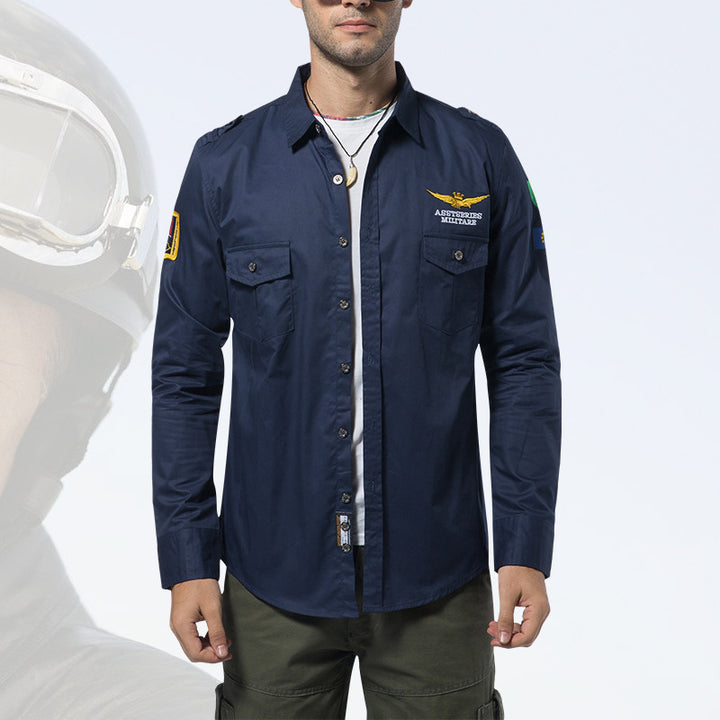 Herren  besticktes Pilotjacke Button-Up Patch-Überhemd mit Klappbrusttaschen Drune