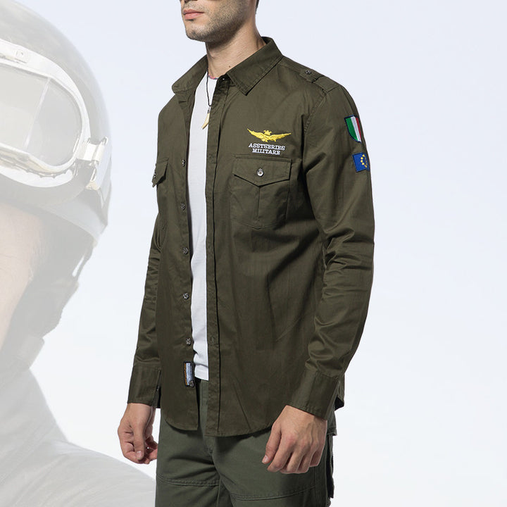 Herren  isolierte Military-Style Shirtjacke mit gestickten Patches und Kunstpelzfutter Drune