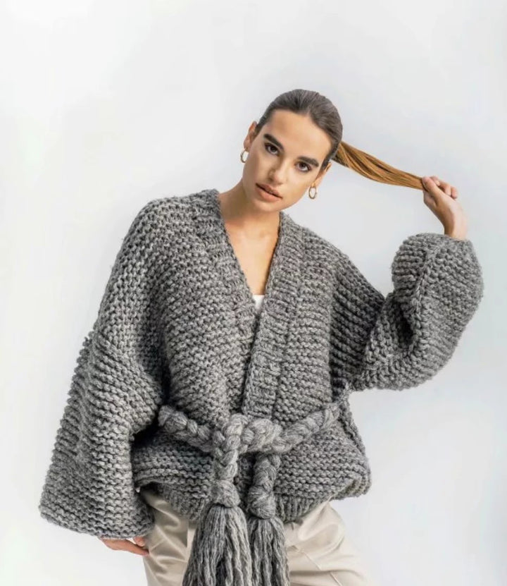 Damen Grobstrick-Cardigan mit geflochtenem Gürtel und langen Ärmeln Drune