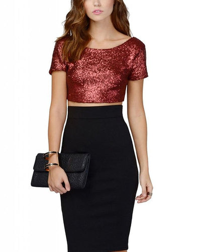Damen Glamouröses Crop-Top mit Pailletten und leichter A-Linie Rock Drune
