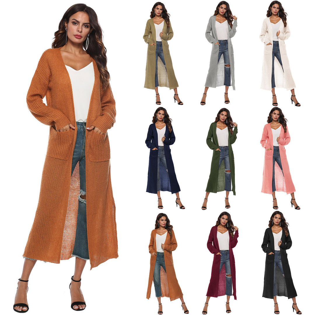 Damen lange Strickjacke mit offenen Fronttaschen und lässigem Schnitt Drune