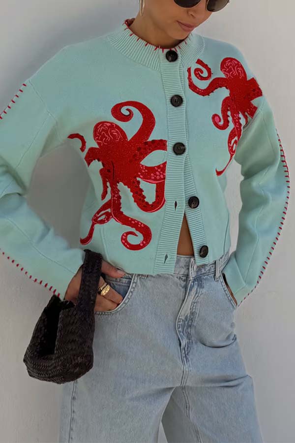 Drune | Küstenstrickjacke mit Oktopus-Motiv und Kontrastpaspelierung