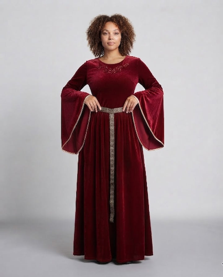 Elegantes Samtkleid für Frauen mit weitem Ärmel und dekorativem Gürtel Drune
