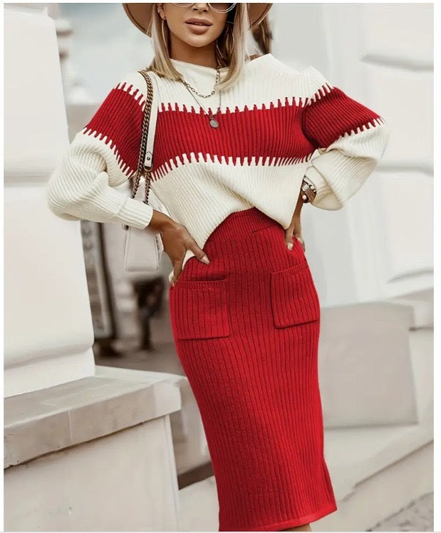 Drune | teilige Strickset - Pullover mit langen Ärmeln und schmalem Midirock