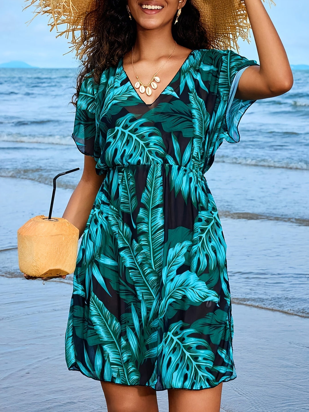 Drune | Bohemian Strandkleid mit Porzellan Mini Druck und V-Ausschnitt