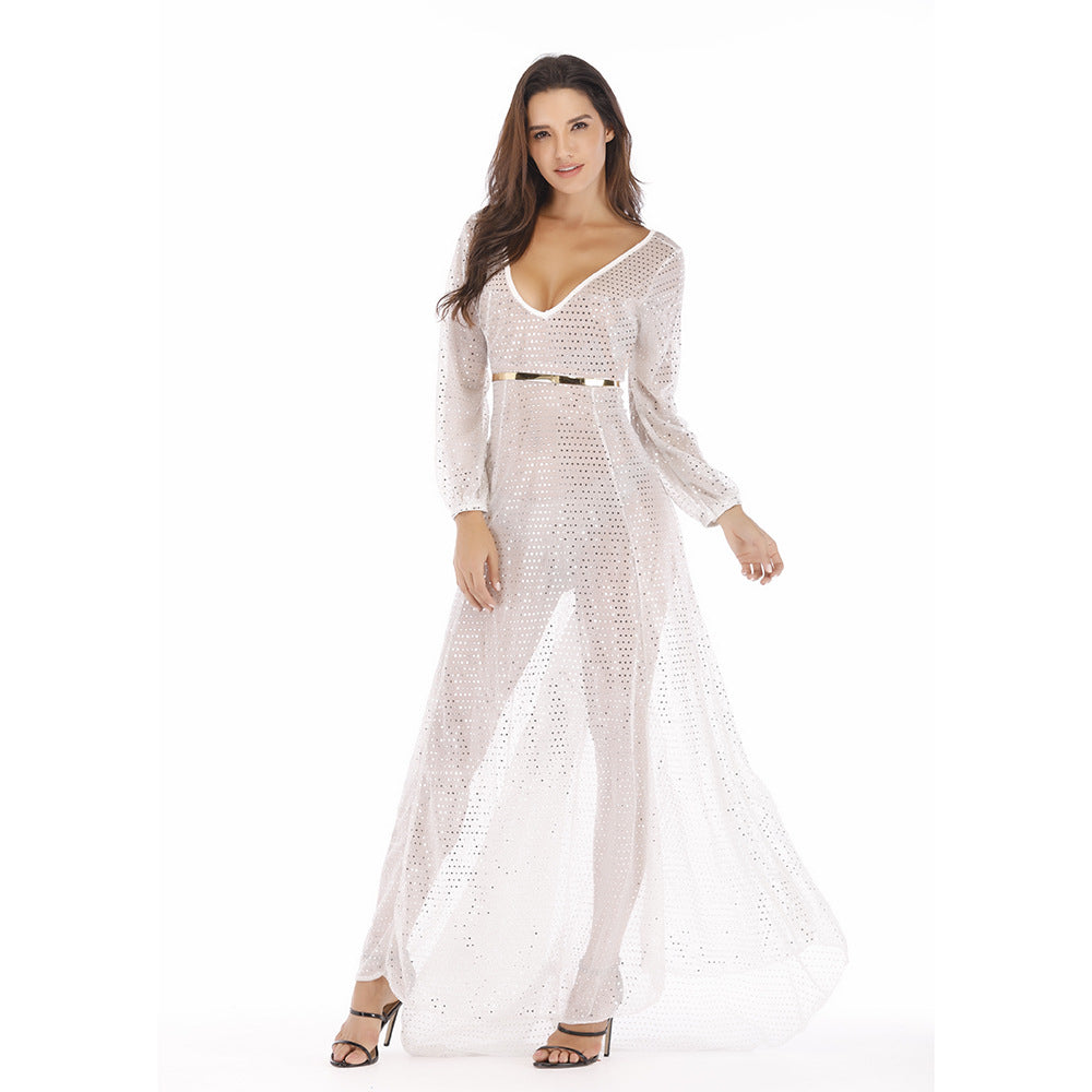Damen Hochwertiges Abendkleid mit funkelnden Pailletten und transparentem Stoff Drune
