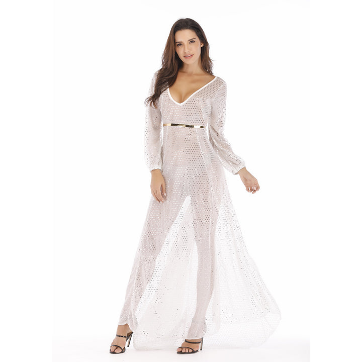 Damen Hochwertiges Abendkleid mit funkelnden Pailletten und transparentem Stoff Drune