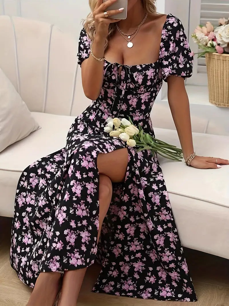 Drune | Schickes Kleid mit Puffärmeln Im A-Linien-Stil mit Blumendruck