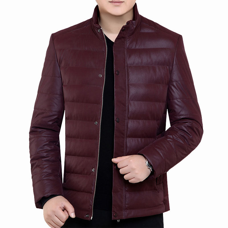 Herren Gepolsterte Steppjacke in Lederoptik mit Stehkragen und verdeckter Druckknopfleiste Drune