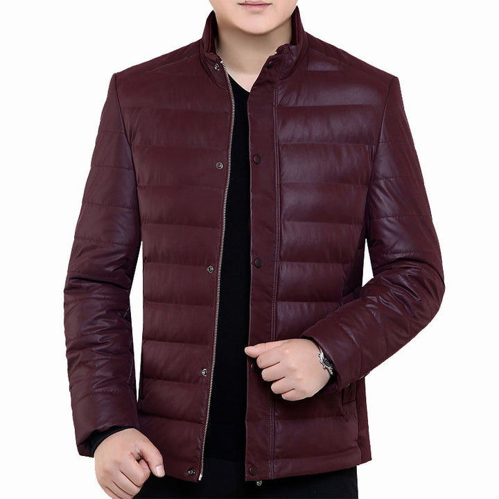 Herren Gepolsterte Steppjacke in Lederoptik mit Stehkragen und verdeckter Druckknopfleiste Drune