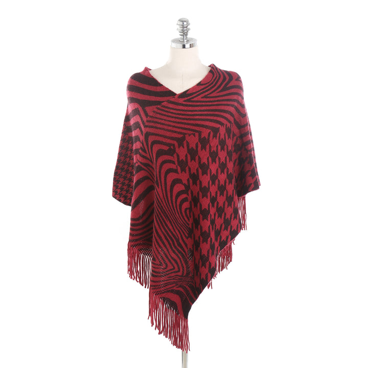 Damen Fransen-Poncho im Oversize mit grafischem Jacquard und asymmetrischem Zipfelsaum Drune