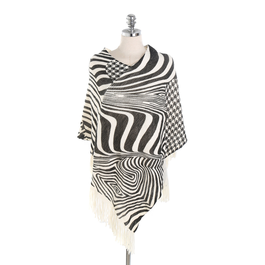 Damen Fransen-Poncho im Oversize mit grafischem Jacquard und asymmetrischem Zipfelsaum Drune