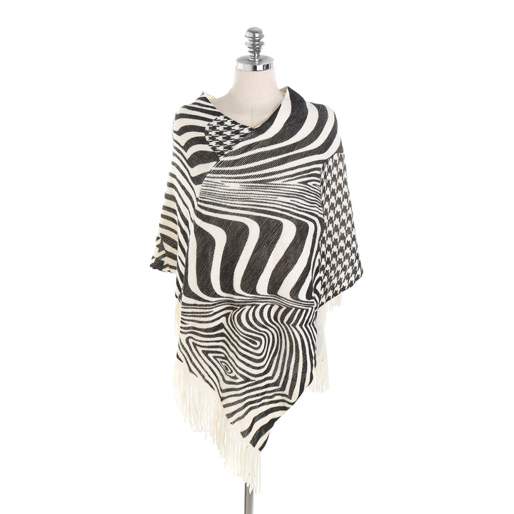 Damen Fransen-Poncho im Oversize mit grafischem Jacquard und asymmetrischem Zipfelsaum Drune