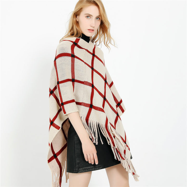 Damen Grobstrick-Poncho mit Karomuster und Fransensaum Drune