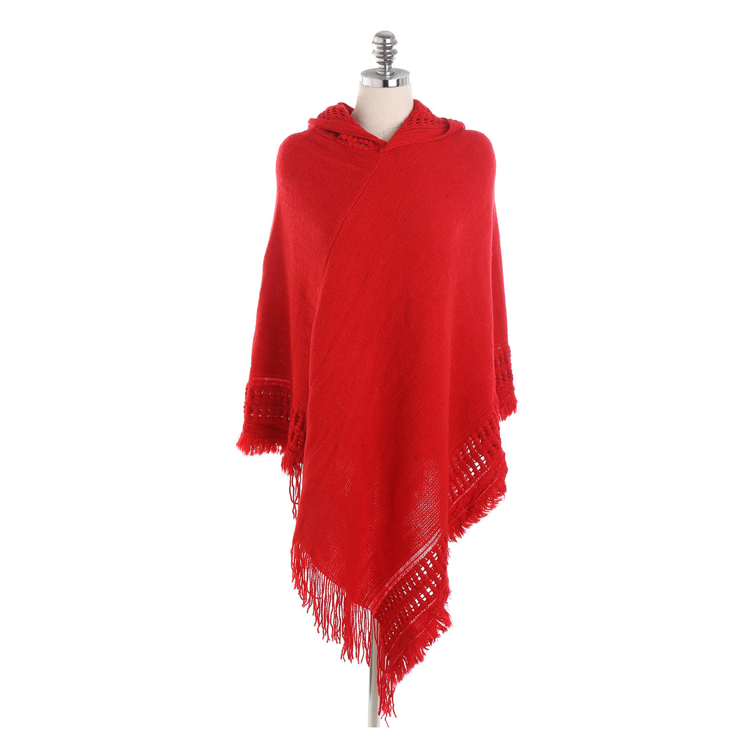 Damen Kapuzen-Poncho mit gehäkelter Bordüre und Fransensaum Drune