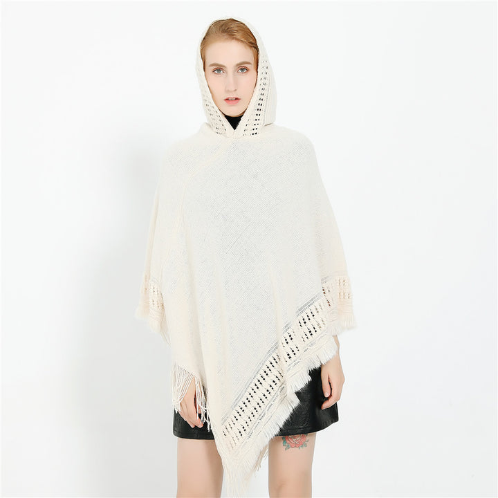 Damen Kapuzen-Poncho mit gehäkelter Bordüre und Fransensaum Drune