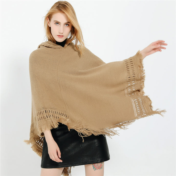 Damen Kapuzen-Poncho mit gehäkelter Bordüre und Fransensaum Drune