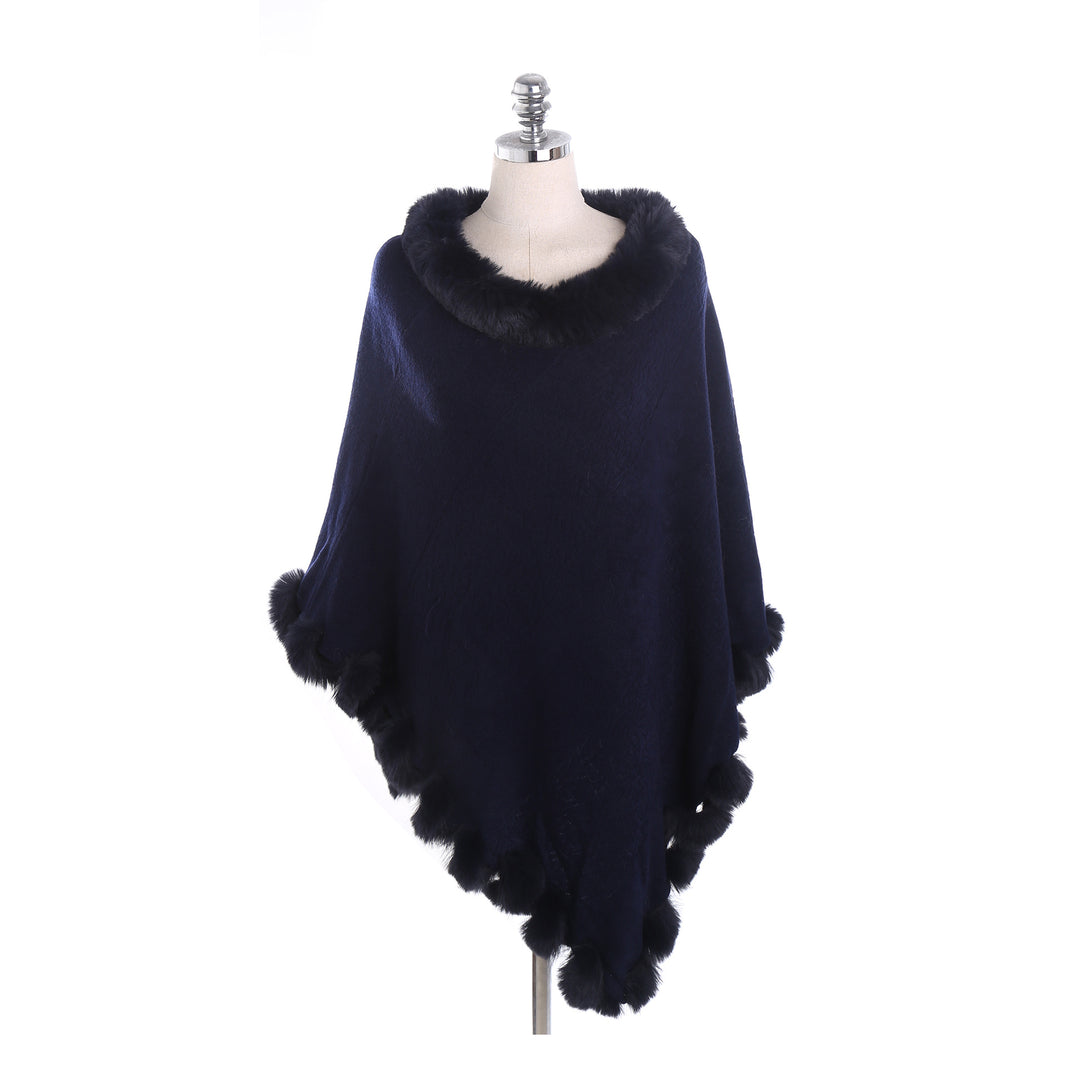 Damen Eleganter Capeponcho aus Wollmix mit Kunstfellbesatz und Pompon-Details Drune