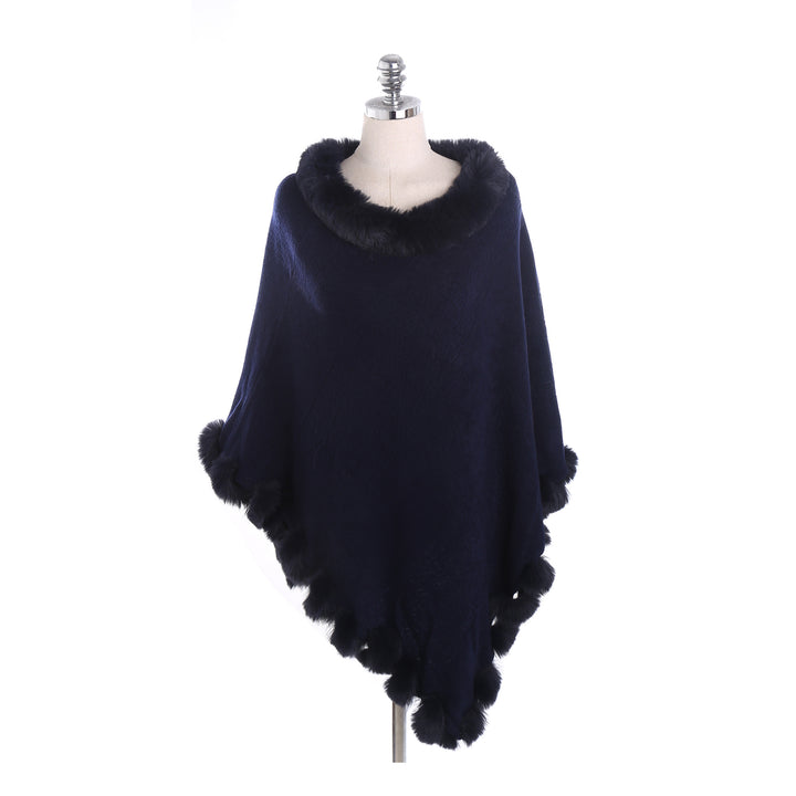 Damen Eleganter Capeponcho aus Wollmix mit Kunstfellbesatz und Pompon-Details Drune