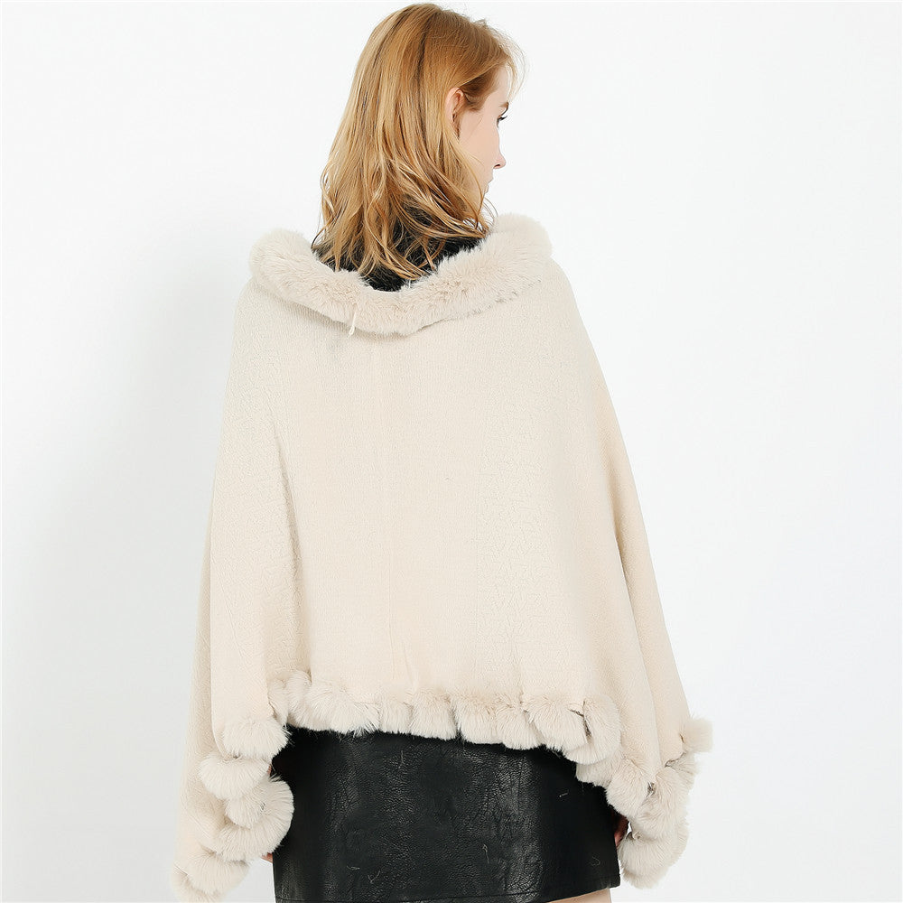 Damen Eleganter Capeponcho aus Wollmix mit Kunstfellbesatz und Pompon-Details Drune