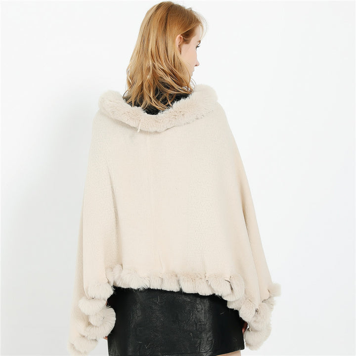 Damen Eleganter Capeponcho aus Wollmix mit Kunstfellbesatz und Pompon-Details Drune