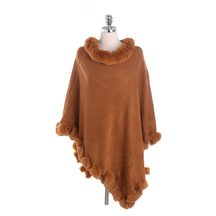 Damen Eleganter Capeponcho aus Wollmix mit Kunstfellbesatz und Pompon-Details Drune