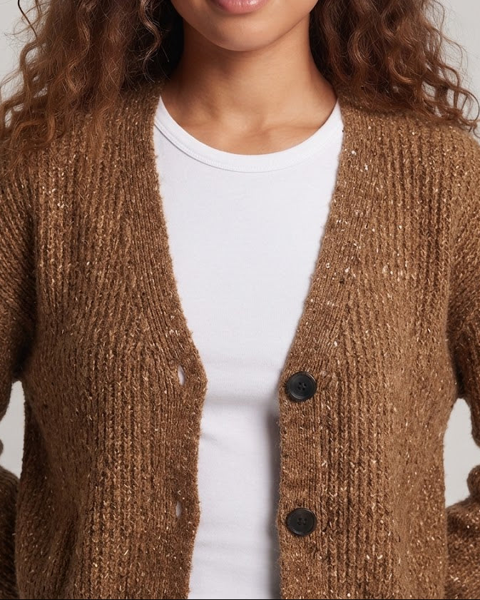 Damen Grobgestrickter Kurzcardigan mit V-Ausschnitt und meliertem Strukturmix Drune
