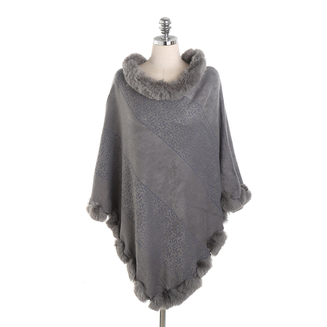 Damen Eleganter Capeponcho aus Wollmix mit Kunstfellbesatz und Pompon-Details Drune