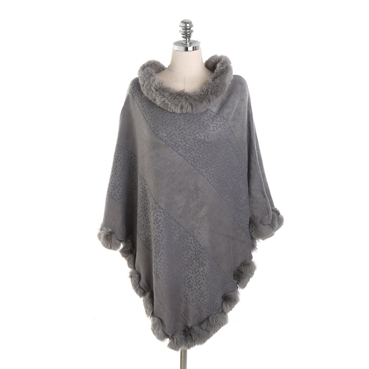 Damen Eleganter Capeponcho aus Wollmix mit Kunstfellbesatz und Pompon-Details Drune