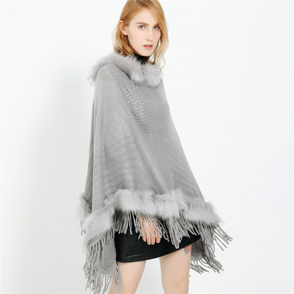Damen Kaschmir-Touch Poncho mit Kunstfellbesatz, Fransen und weichfallender Oversize-Silhouette Drune