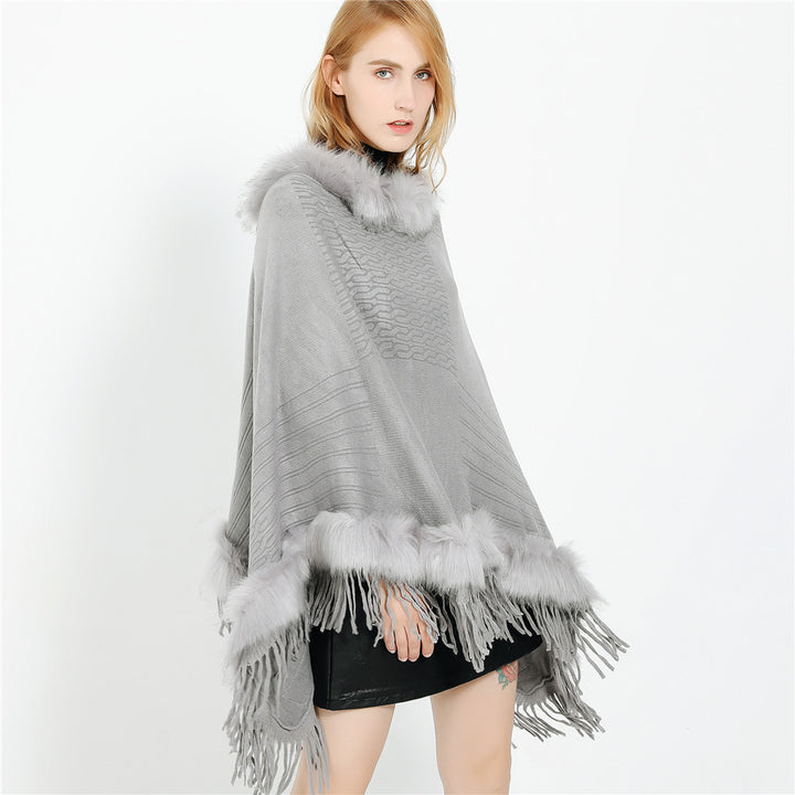 Damen Kaschmir-Touch Poncho mit Kunstfellbesatz, Fransen und weichfallender Oversize-Silhouette Drune