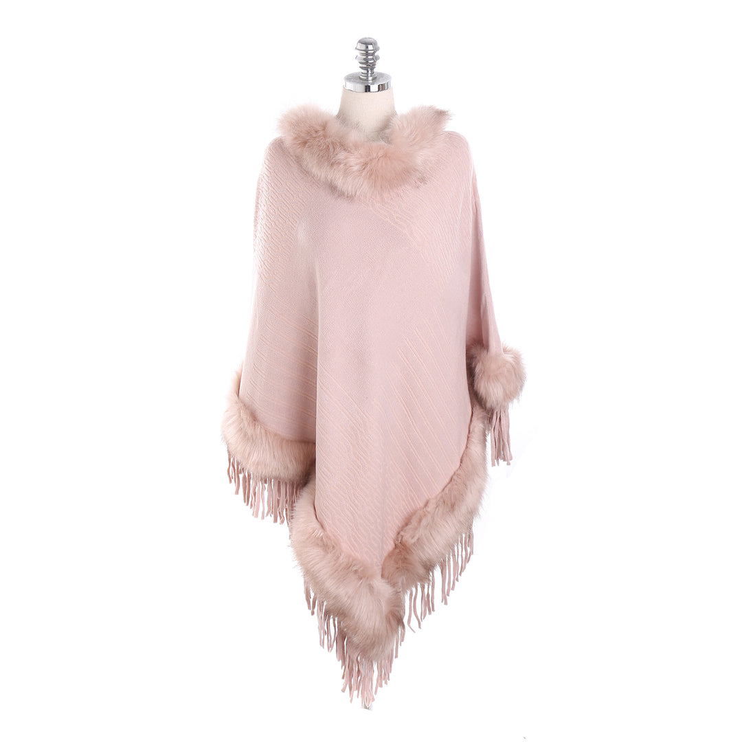 Damen Kaschmir-Touch Poncho mit Kunstfellbesatz, Fransen und weichfallender Oversize-Silhouette Drune