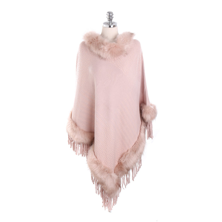 Damen Kaschmir-Touch Poncho mit Kunstfellbesatz, Fransen und weichfallender Oversize-Silhouette Drune