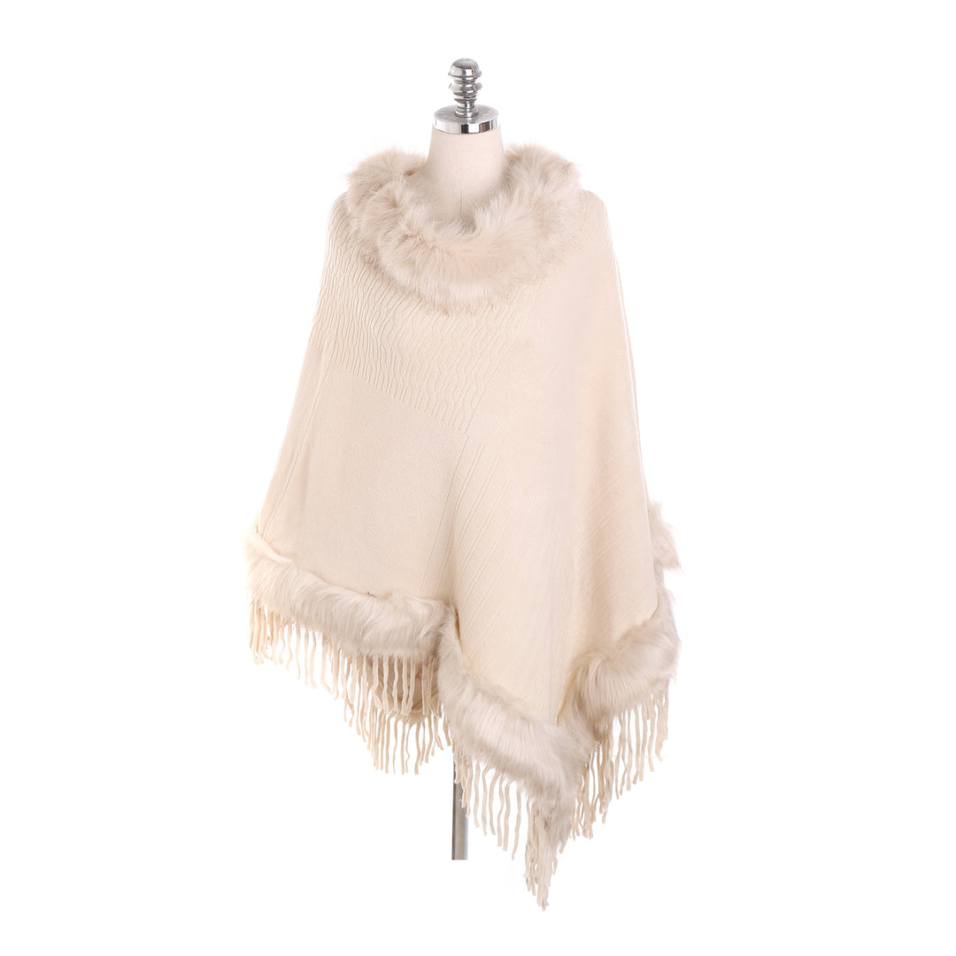 Damen Kaschmir-Touch Poncho mit Kunstfellbesatz, Fransen und weichfallender Oversize-Silhouette Drune